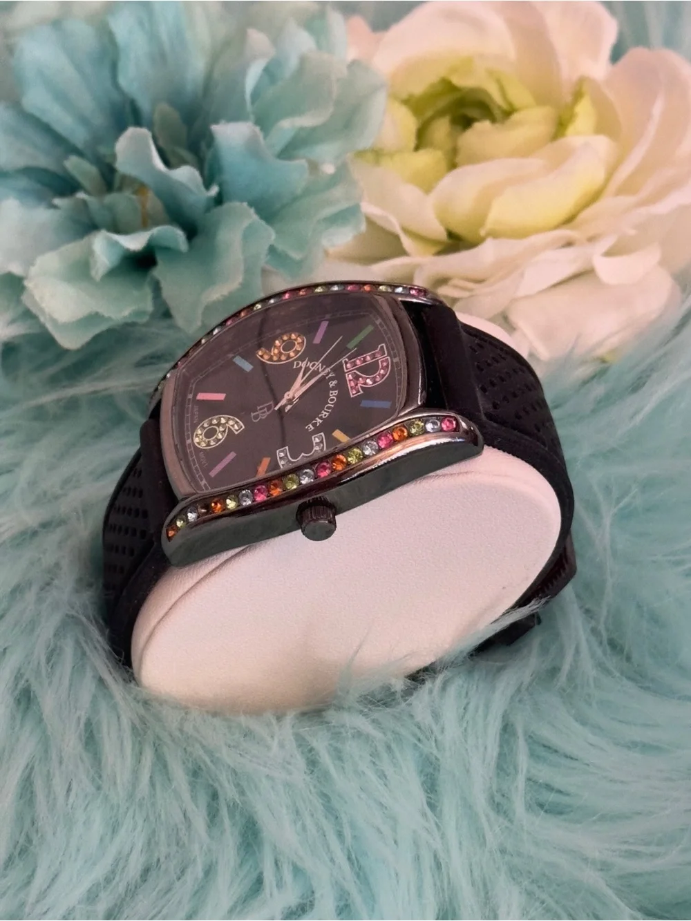 Dooney & Bourke Black Strap Watch with Multicolor Crystal Accents